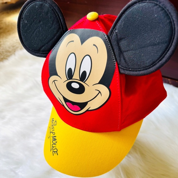NWT Disney Parks Mickey Mouse Face Baseball Snapback Cap Hat 3D Ears Red/Yellow - Picture 2 of 11